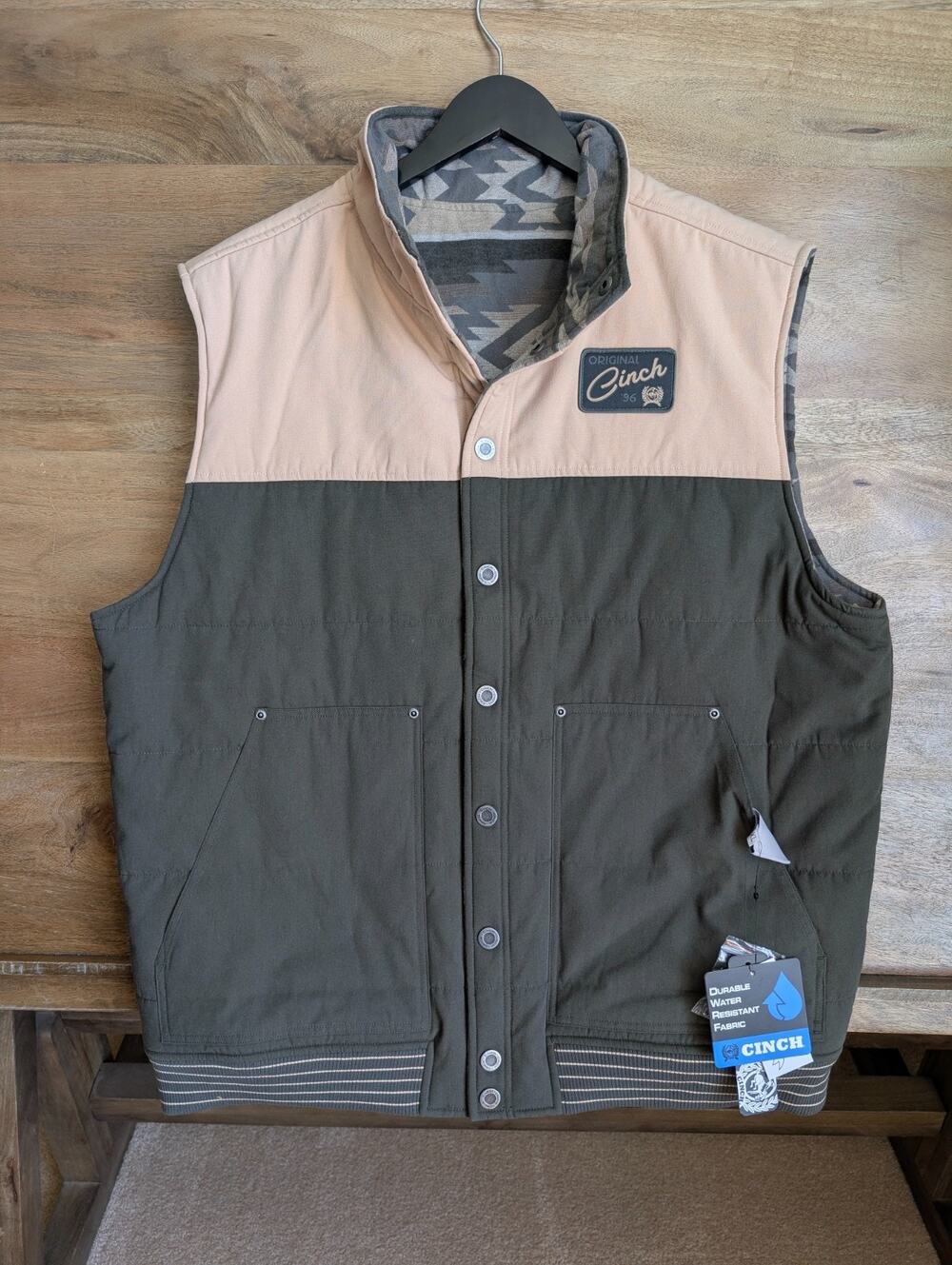 NWT Cinch Vest Mens XL Beige Green Water Resistant Western Workwear Snap Front